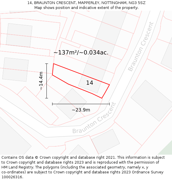 14, BRAUNTON CRESCENT, MAPPERLEY, NOTTINGHAM, NG3 5SZ: Plot and title map