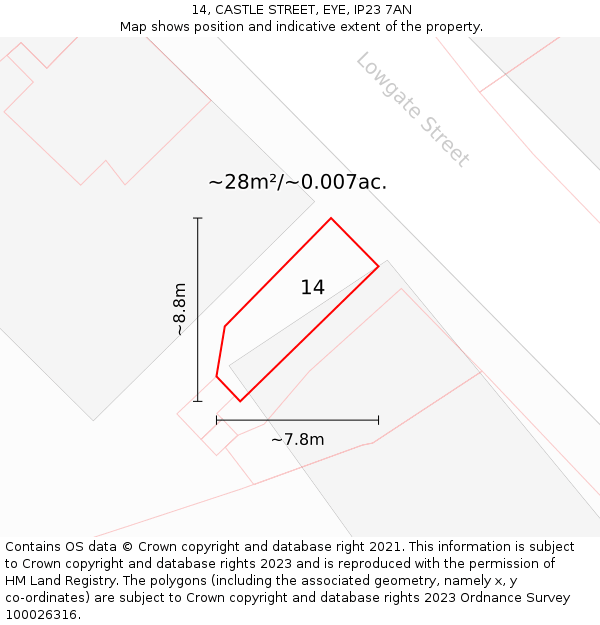 14, CASTLE STREET, EYE, IP23 7AN: Plot and title map