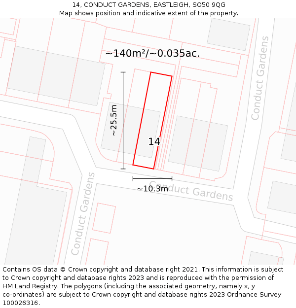 14, CONDUCT GARDENS, EASTLEIGH, SO50 9QG: Plot and title map