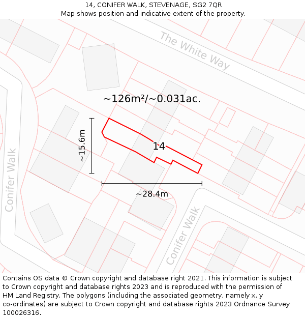 14, CONIFER WALK, STEVENAGE, SG2 7QR: Plot and title map
