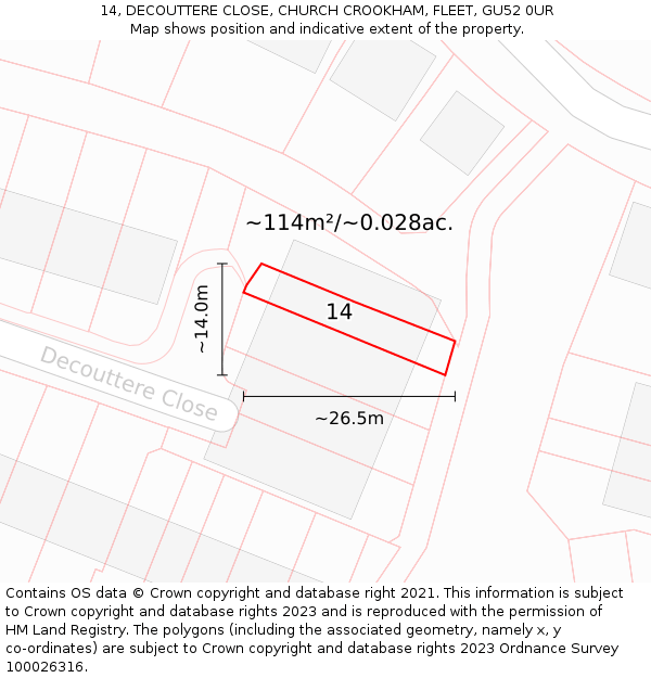 14, DECOUTTERE CLOSE, CHURCH CROOKHAM, FLEET, GU52 0UR: Plot and title map
