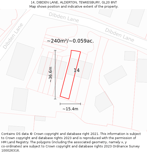 14, DIBDEN LANE, ALDERTON, TEWKESBURY, GL20 8NT: Plot and title map