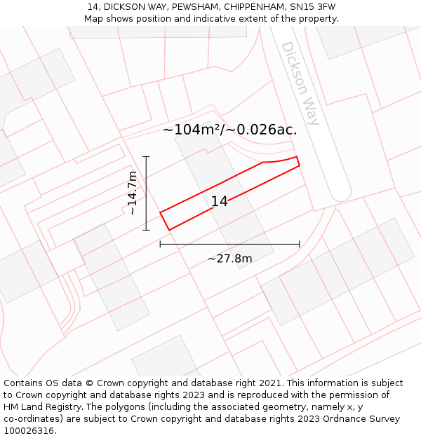 14, DICKSON WAY, PEWSHAM, CHIPPENHAM, SN15 3FW: Plot and title map