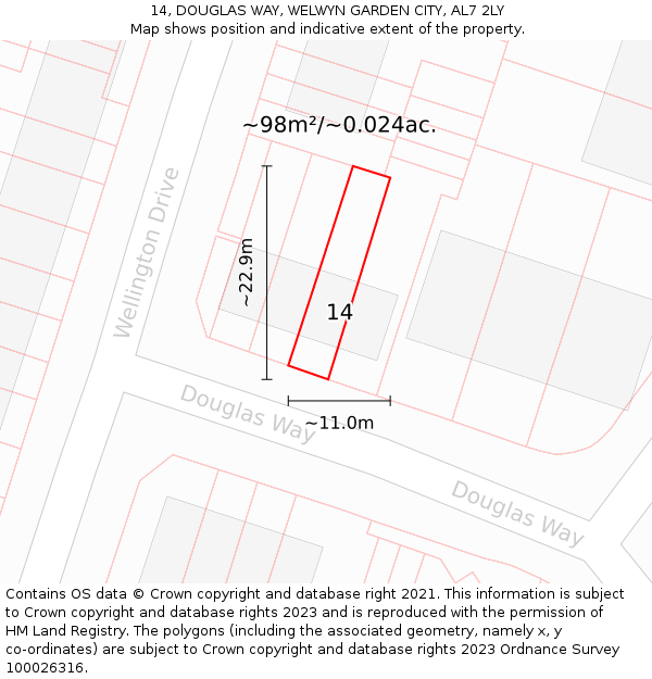 14, DOUGLAS WAY, WELWYN GARDEN CITY, AL7 2LY: Plot and title map