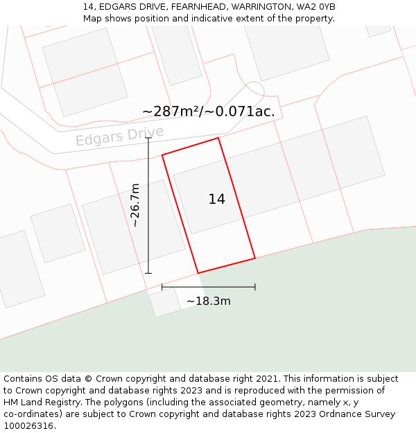 14, EDGARS DRIVE, FEARNHEAD, WARRINGTON, WA2 0YB: Plot and title map