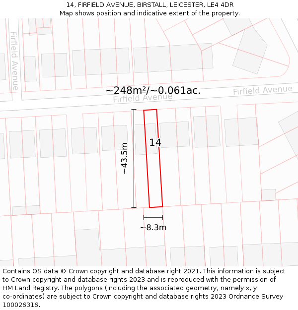 14, FIRFIELD AVENUE, BIRSTALL, LEICESTER, LE4 4DR: Plot and title map