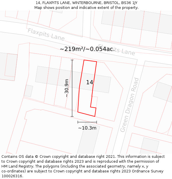 14, FLAXPITS LANE, WINTERBOURNE, BRISTOL, BS36 1JY: Plot and title map