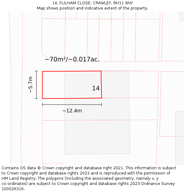 14, FULHAM CLOSE, CRAWLEY, RH11 9NY: Plot and title map