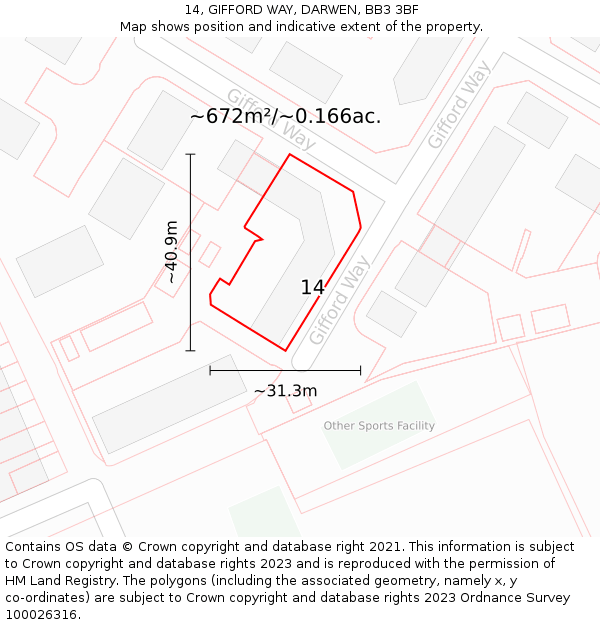 14, GIFFORD WAY, DARWEN, BB3 3BF: Plot and title map