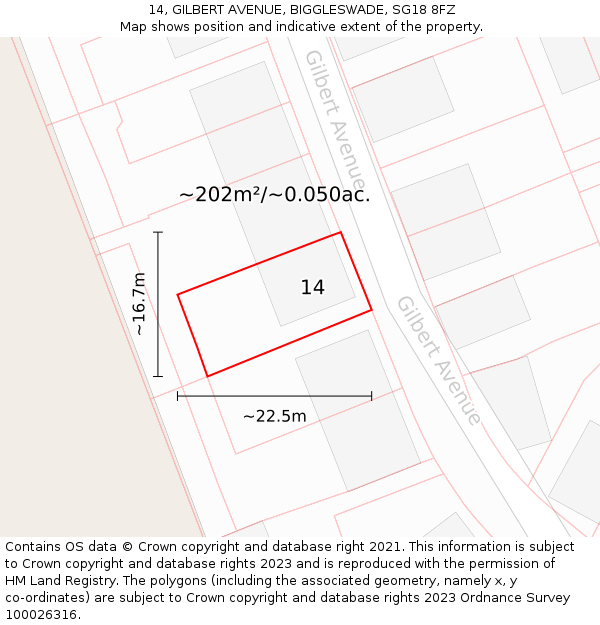 14, GILBERT AVENUE, BIGGLESWADE, SG18 8FZ: Plot and title map