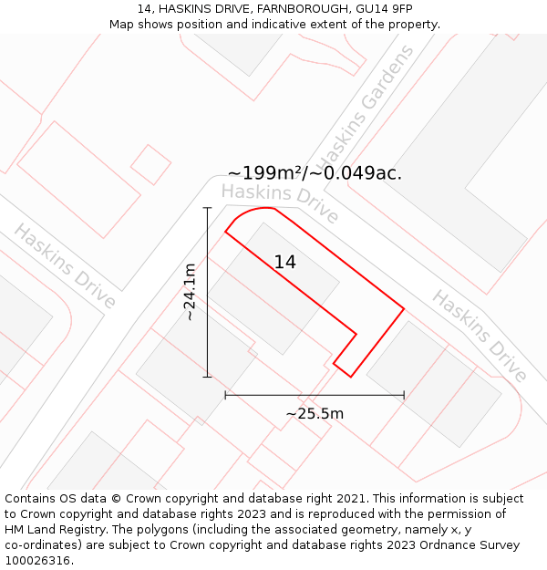 14, HASKINS DRIVE, FARNBOROUGH, GU14 9FP: Plot and title map