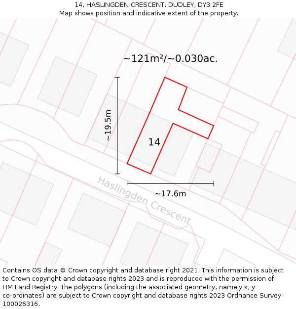 14, HASLINGDEN CRESCENT, DUDLEY, DY3 2FE: Plot and title map