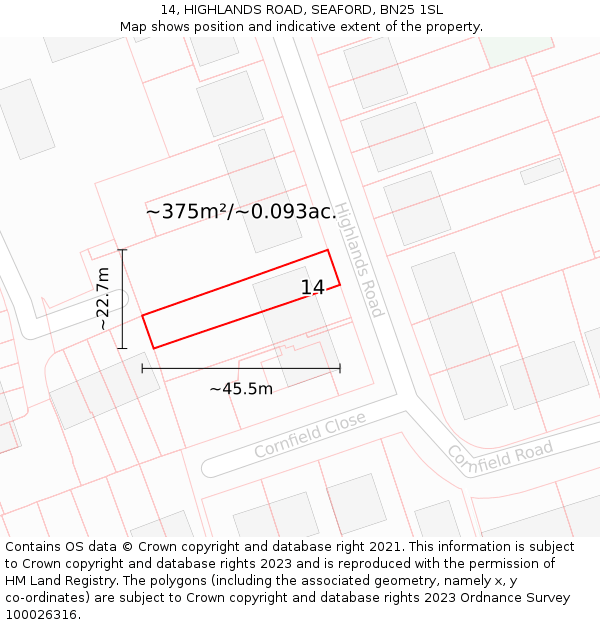 14, HIGHLANDS ROAD, SEAFORD, BN25 1SL: Plot and title map