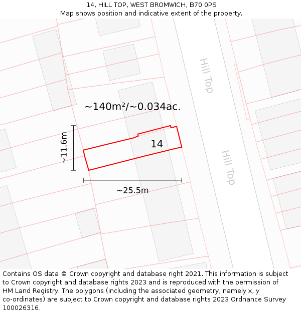 14, HILL TOP, WEST BROMWICH, B70 0PS: Plot and title map