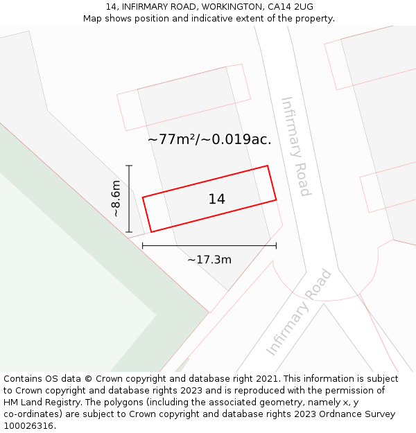 14, INFIRMARY ROAD, WORKINGTON, CA14 2UG: Plot and title map