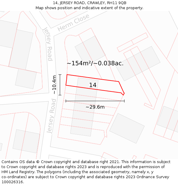 14, JERSEY ROAD, CRAWLEY, RH11 9QB: Plot and title map