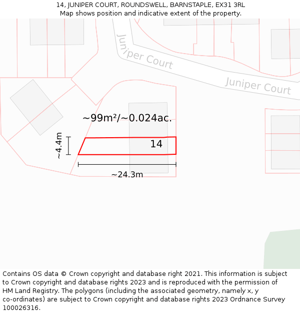 14, JUNIPER COURT, ROUNDSWELL, BARNSTAPLE, EX31 3RL: Plot and title map