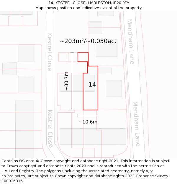 14, KESTREL CLOSE, HARLESTON, IP20 9FA: Plot and title map