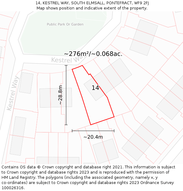 14, KESTREL WAY, SOUTH ELMSALL, PONTEFRACT, WF9 2FJ: Plot and title map