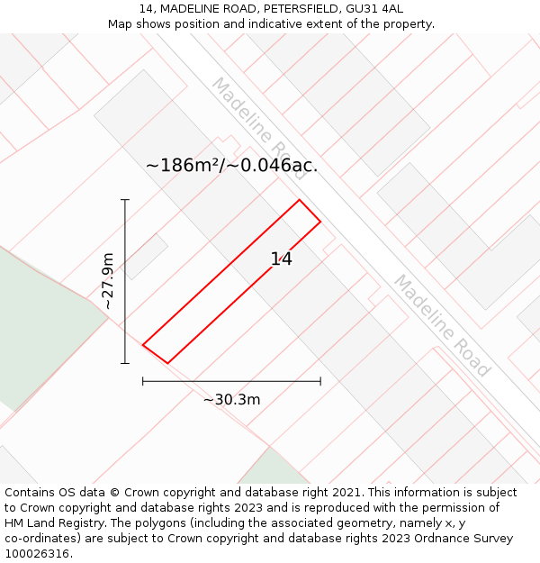 14, MADELINE ROAD, PETERSFIELD, GU31 4AL: Plot and title map