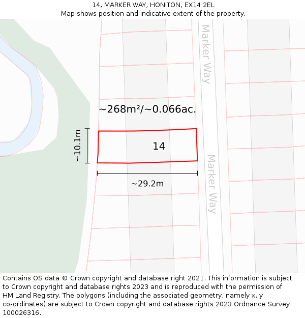 14, MARKER WAY, HONITON, EX14 2EL: Plot and title map