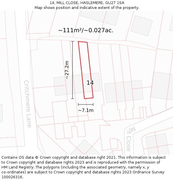 14, MILL CLOSE, HASLEMERE, GU27 1SA: Plot and title map