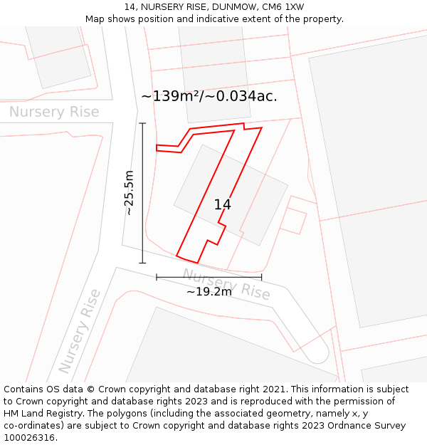 14, NURSERY RISE, DUNMOW, CM6 1XW: Plot and title map