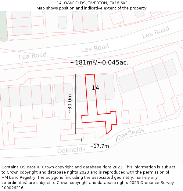 14, OAKFIELDS, TIVERTON, EX16 6XF: Plot and title map