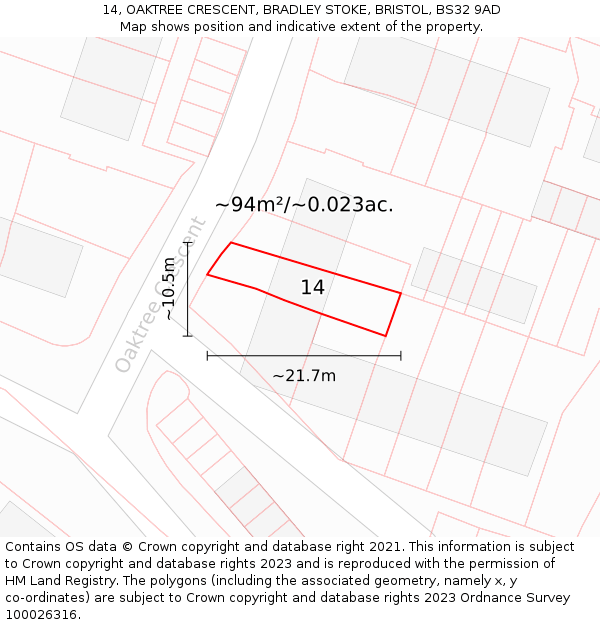 14, OAKTREE CRESCENT, BRADLEY STOKE, BRISTOL, BS32 9AD: Plot and title map
