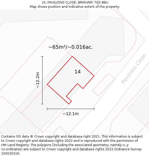 14, PAVILIONS CLOSE, BRIXHAM, TQ5 8BU: Plot and title map