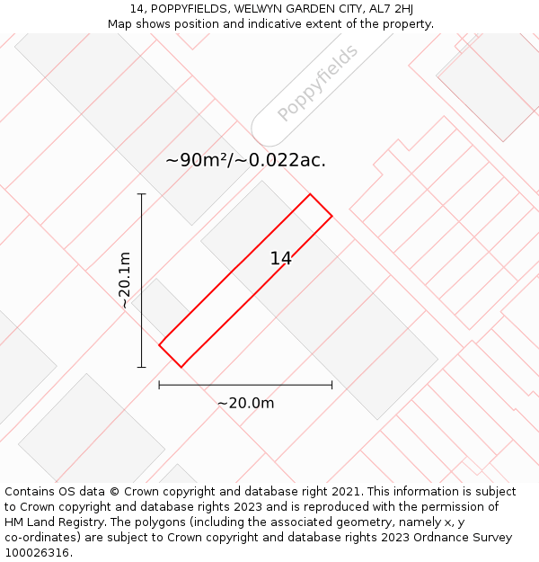 14, POPPYFIELDS, WELWYN GARDEN CITY, AL7 2HJ: Plot and title map
