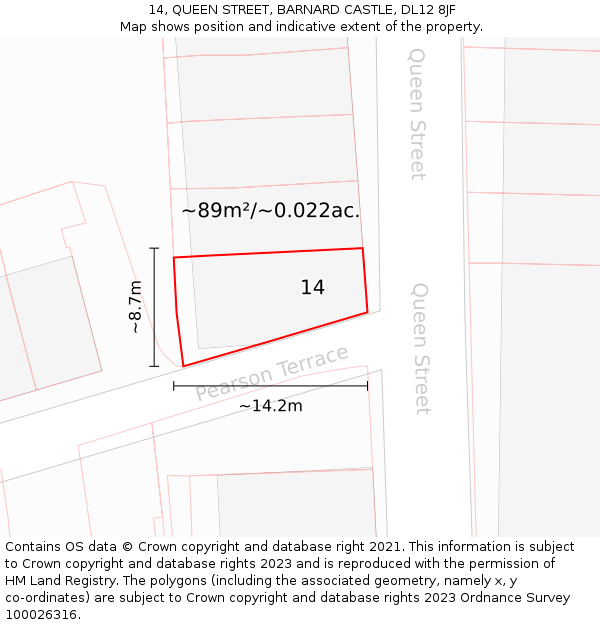 14, QUEEN STREET, BARNARD CASTLE, DL12 8JF: Plot and title map