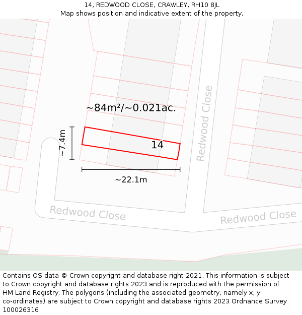 14, REDWOOD CLOSE, CRAWLEY, RH10 8JL: Plot and title map