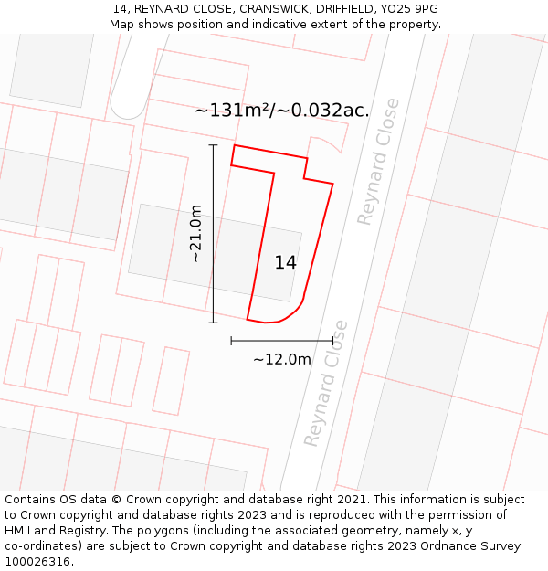 14, REYNARD CLOSE, CRANSWICK, DRIFFIELD, YO25 9PG: Plot and title map