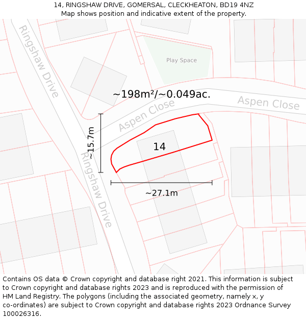 14, RINGSHAW DRIVE, GOMERSAL, CLECKHEATON, BD19 4NZ: Plot and title map