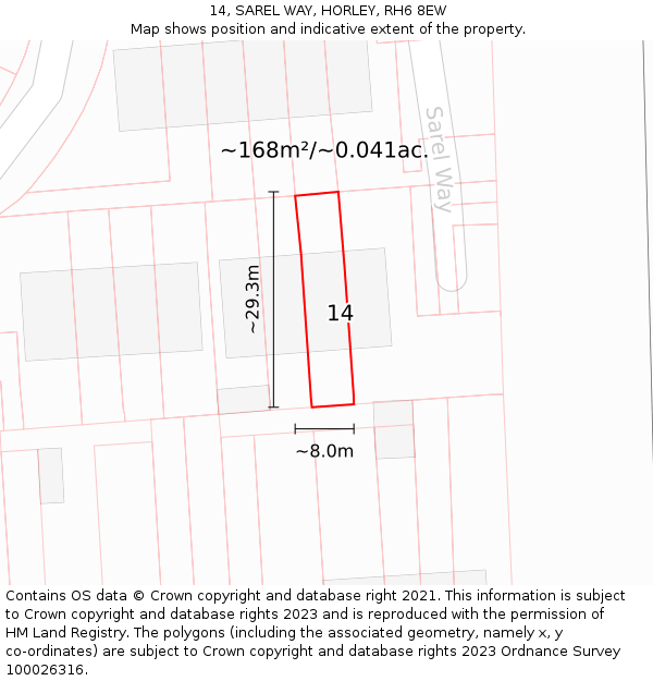14, SAREL WAY, HORLEY, RH6 8EW: Plot and title map