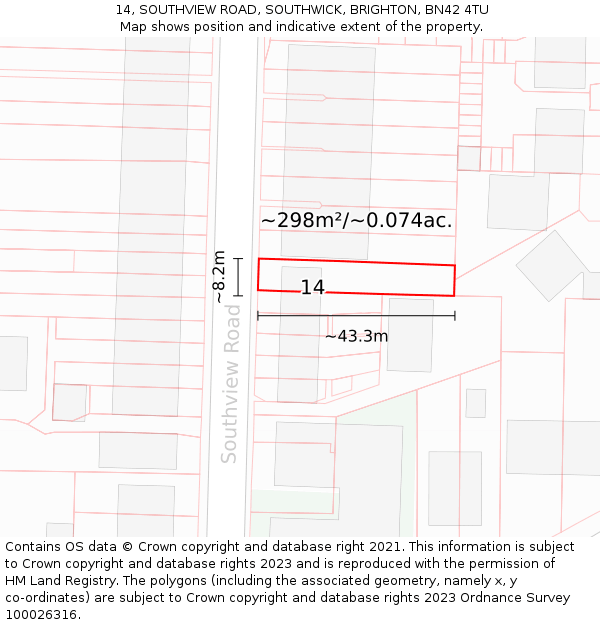 14, SOUTHVIEW ROAD, SOUTHWICK, BRIGHTON, BN42 4TU: Plot and title map