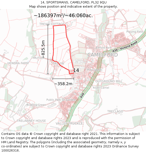 14, SPORTSMANS, CAMELFORD, PL32 9QU: Plot and title map