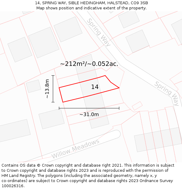 14, SPRING WAY, SIBLE HEDINGHAM, HALSTEAD, CO9 3SB: Plot and title map