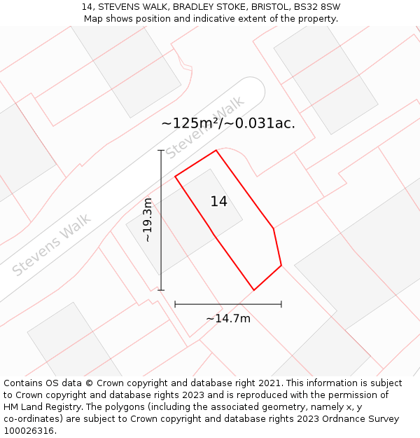 14, STEVENS WALK, BRADLEY STOKE, BRISTOL, BS32 8SW: Plot and title map