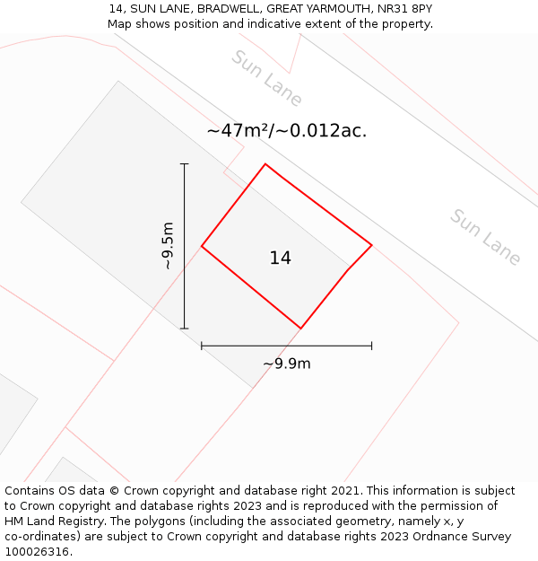 14, SUN LANE, BRADWELL, GREAT YARMOUTH, NR31 8PY: Plot and title map