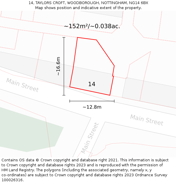 14, TAYLORS CROFT, WOODBOROUGH, NOTTINGHAM, NG14 6BX: Plot and title map