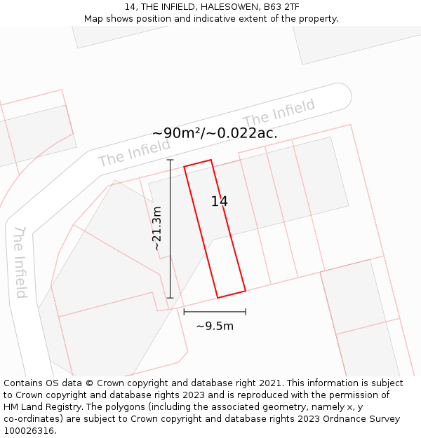 14, THE INFIELD, HALESOWEN, B63 2TF: Plot and title map