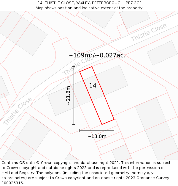14, THISTLE CLOSE, YAXLEY, PETERBOROUGH, PE7 3GF: Plot and title map
