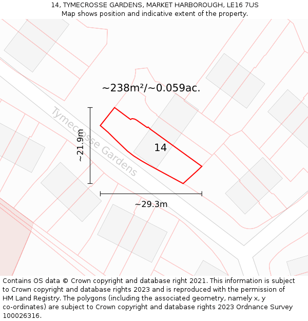 14, TYMECROSSE GARDENS, MARKET HARBOROUGH, LE16 7US: Plot and title map