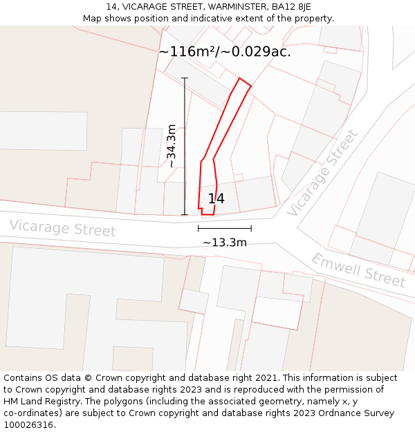 14, VICARAGE STREET, WARMINSTER, BA12 8JE: Plot and title map