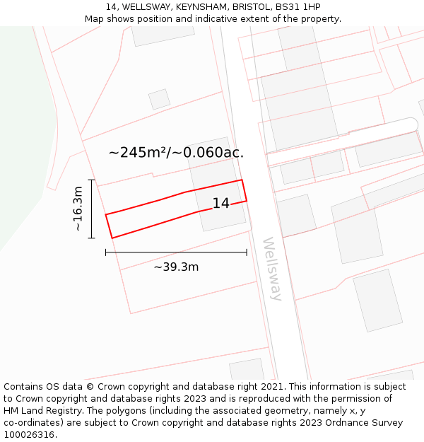 14, WELLSWAY, KEYNSHAM, BRISTOL, BS31 1HP: Plot and title map