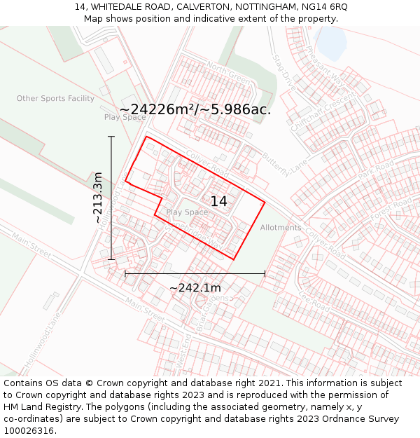 14, WHITEDALE ROAD, CALVERTON, NOTTINGHAM, NG14 6RQ: Plot and title map