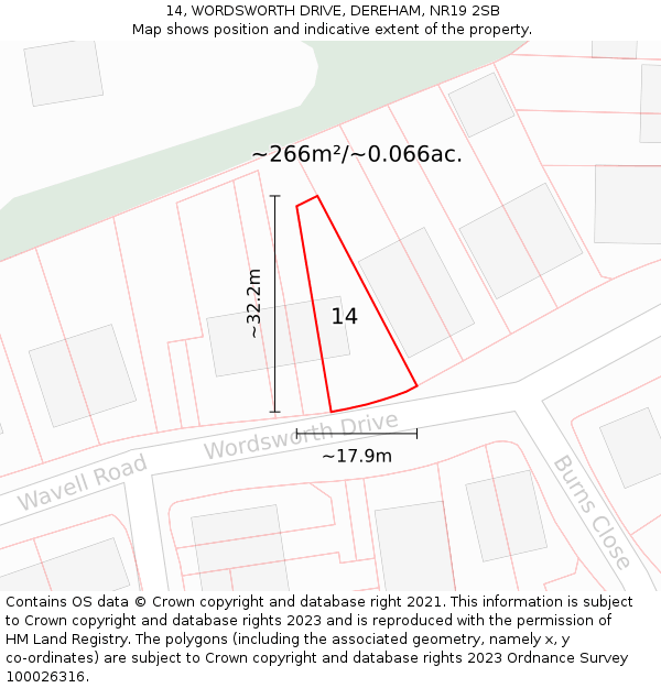 14, WORDSWORTH DRIVE, DEREHAM, NR19 2SB: Plot and title map