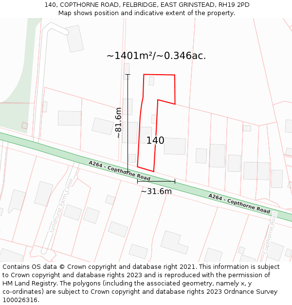 140, COPTHORNE ROAD, FELBRIDGE, EAST GRINSTEAD, RH19 2PD: Plot and title map